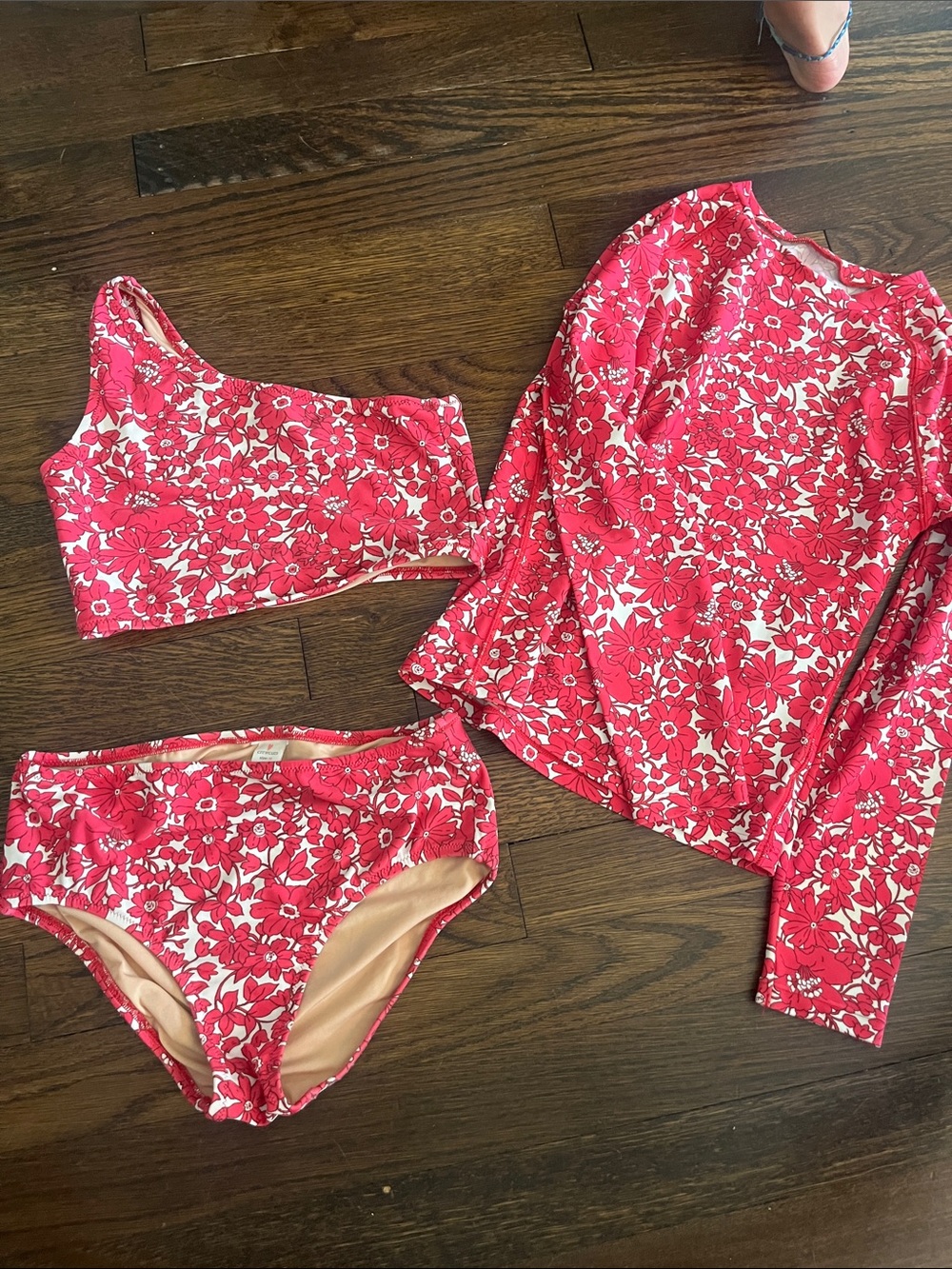 Crewcuts Kids Red Floral Rash Guard Swim Set - Top, Bikini Bottoms, and Swim Top